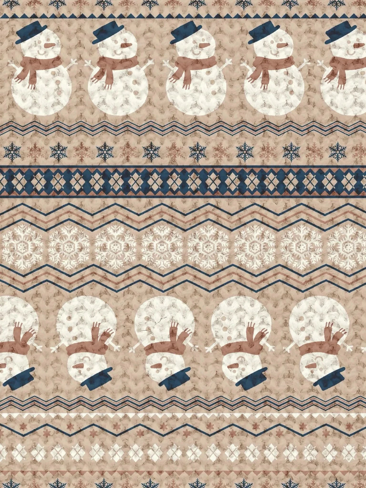 A winter-themed fabric with snowmen, snowflakes, and geometric patterns in blue and brown.