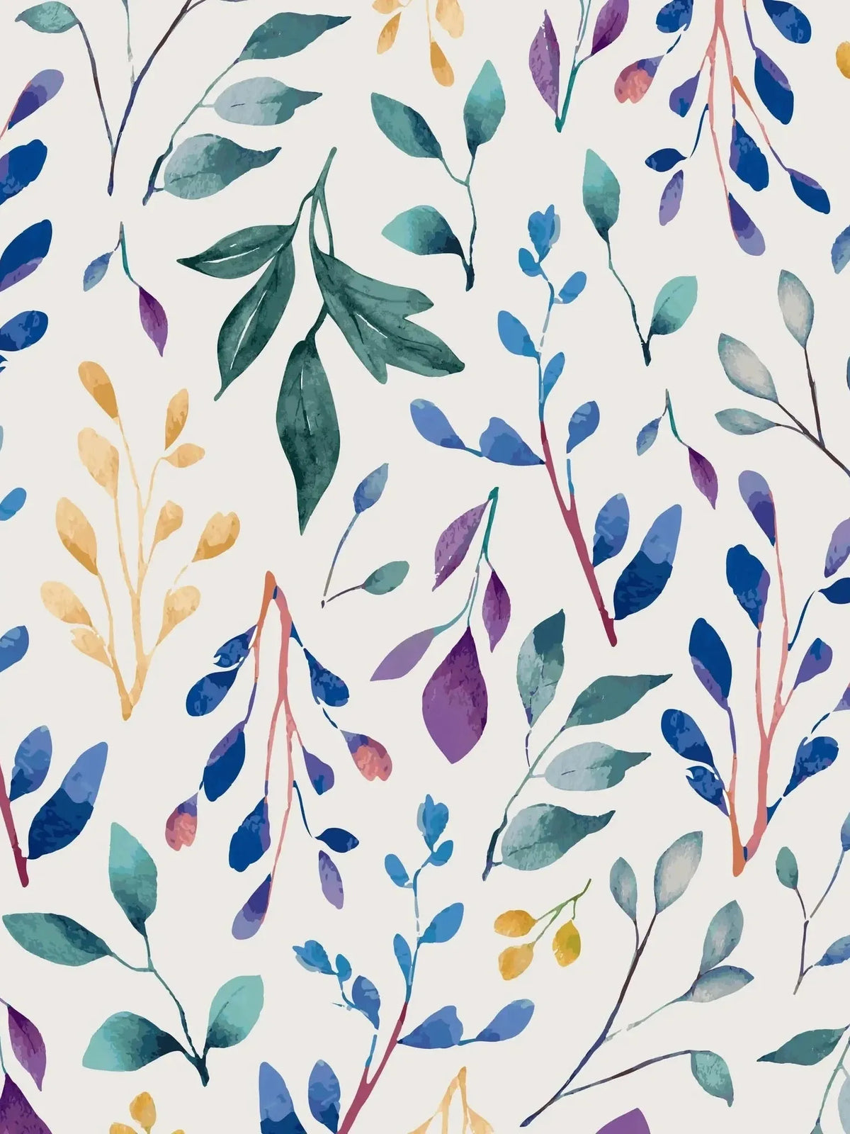 Floral print fabric with watercolor-style leaves and berries in purple, blue, green, and yellow tones.