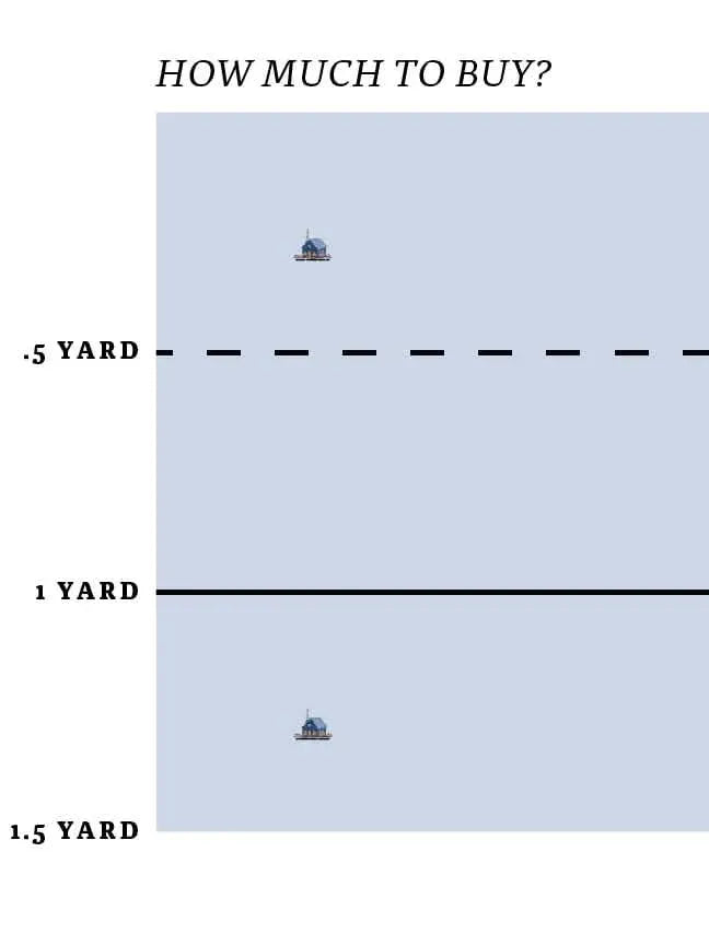 A light blue fabric panel with two small house illustrations and measurement lines.