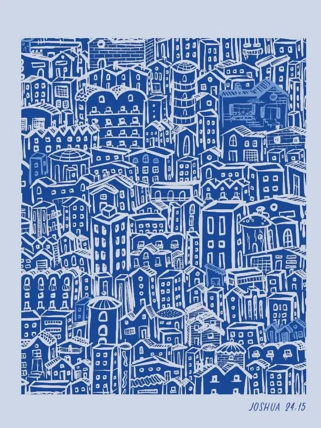 A blue and white illustration of a dense city with the text "JOSHUA 24.15".