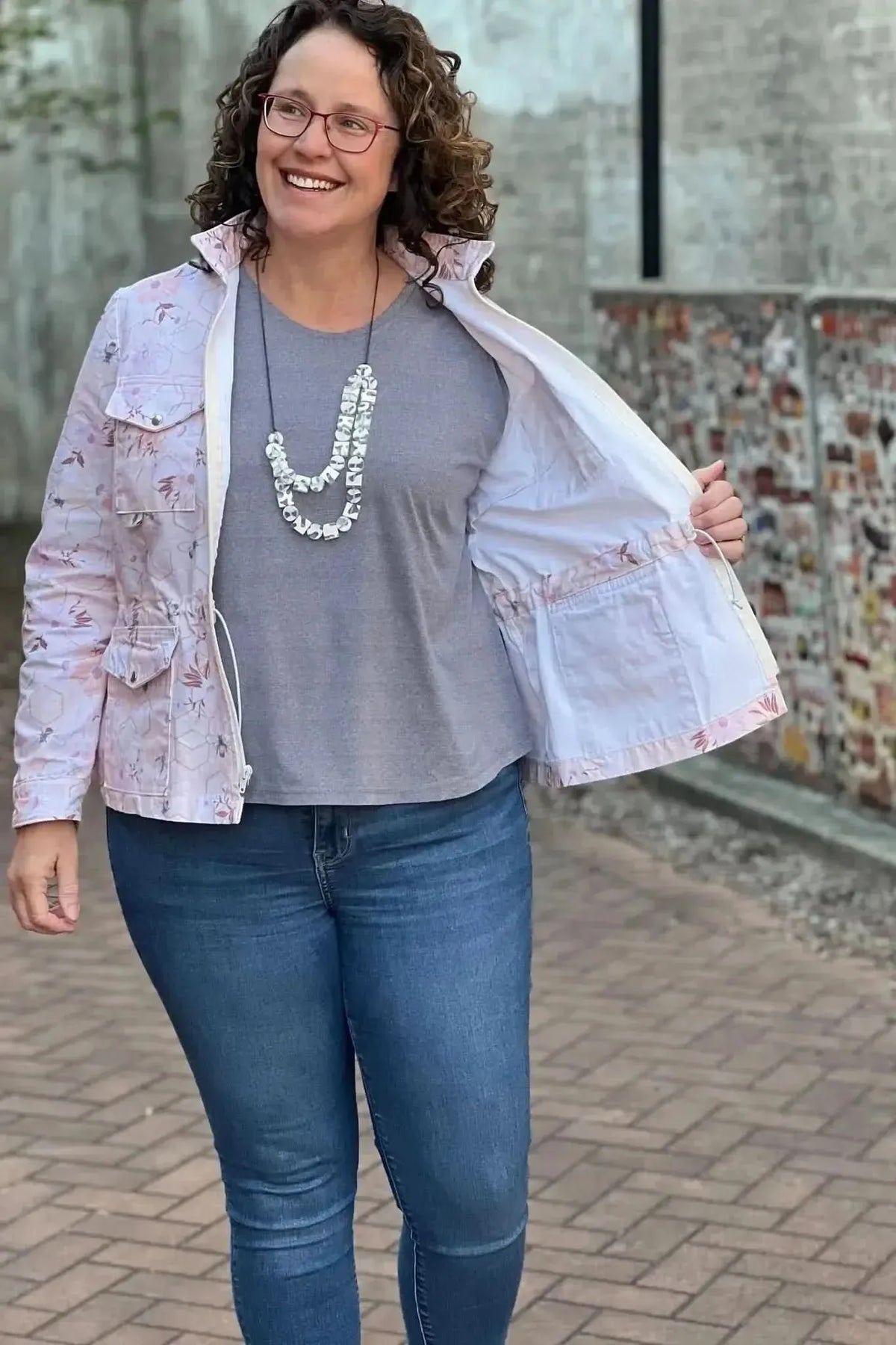 Peach fabric with garden bee print from WayMaker Fabrics.