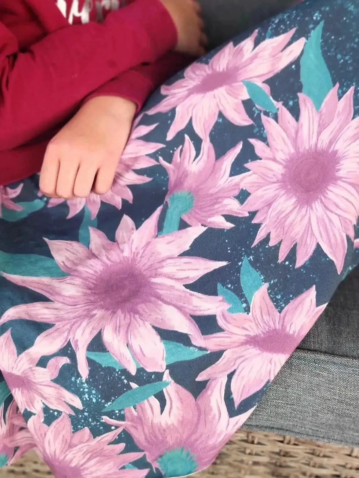 Celestial Sunflowers Green Fabric Panel with purple flowers on navy background.