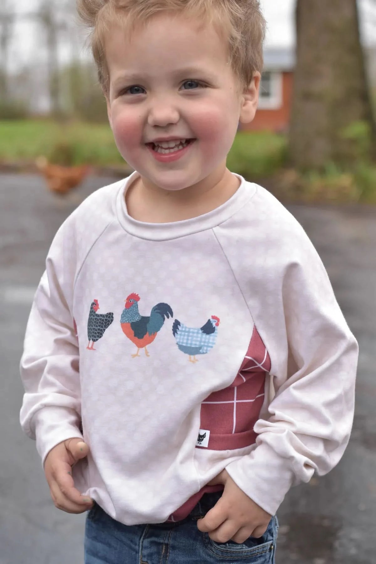 A child wearing a shirt with a patchwork chicken design.