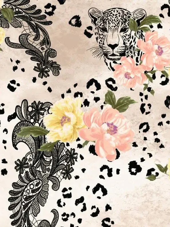 A fabric print with leopards, lace, and pink and yellow flowers on a light background.