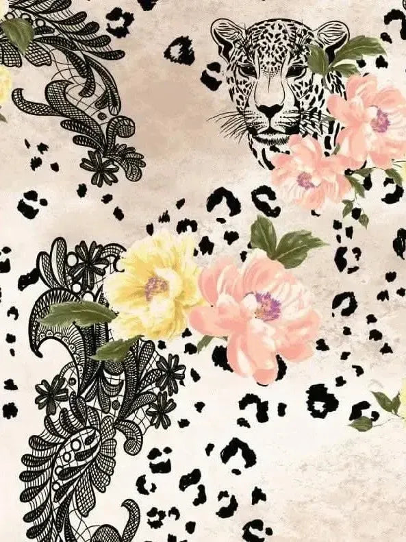 Light pink fabric with leopard print, black lace, and pink-yellow flowers.