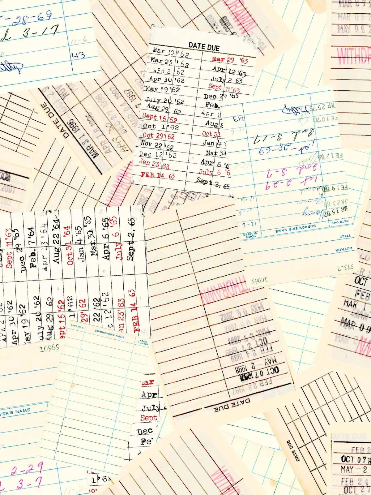 A collage of vintage library due date cards with handwritten and stamped dates.