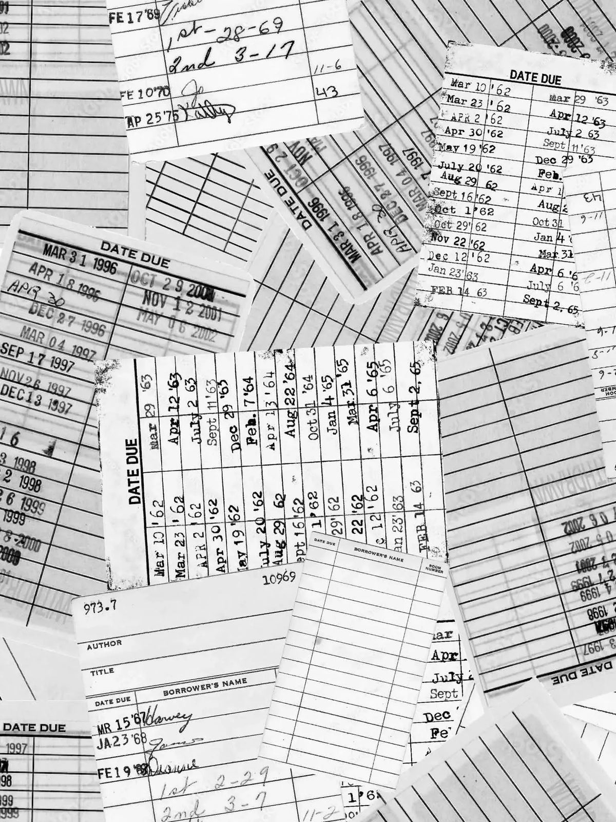 A black and white image of overlapping library cards with various due dates.