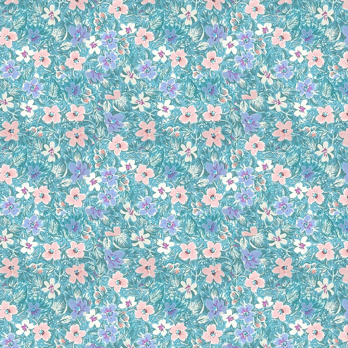 Light blue wallpaper with pink, white, and purple flowers and green leaves.