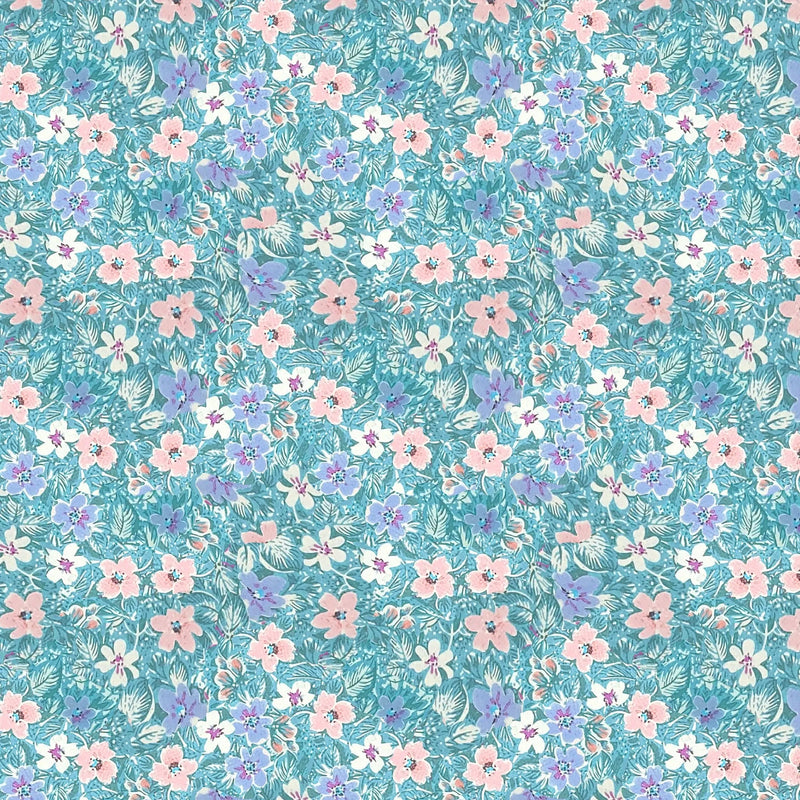 Light blue wallpaper with pink, white, and purple flowers and green leaves.