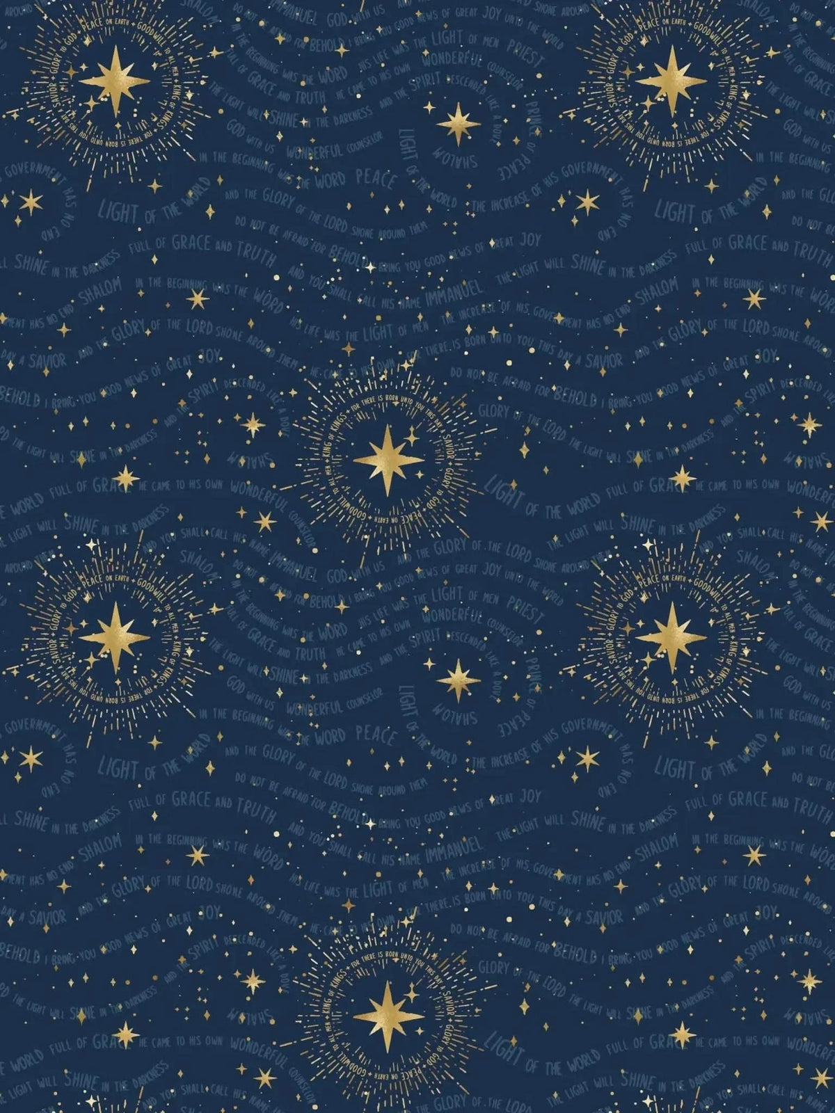 A dark blue fabric with gold stars and religious text in a repeating pattern.