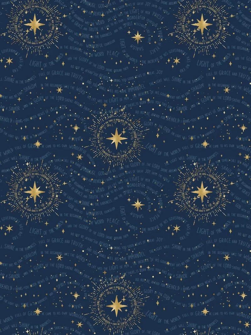 A dark blue fabric with gold stars and religious text in a repeating pattern.