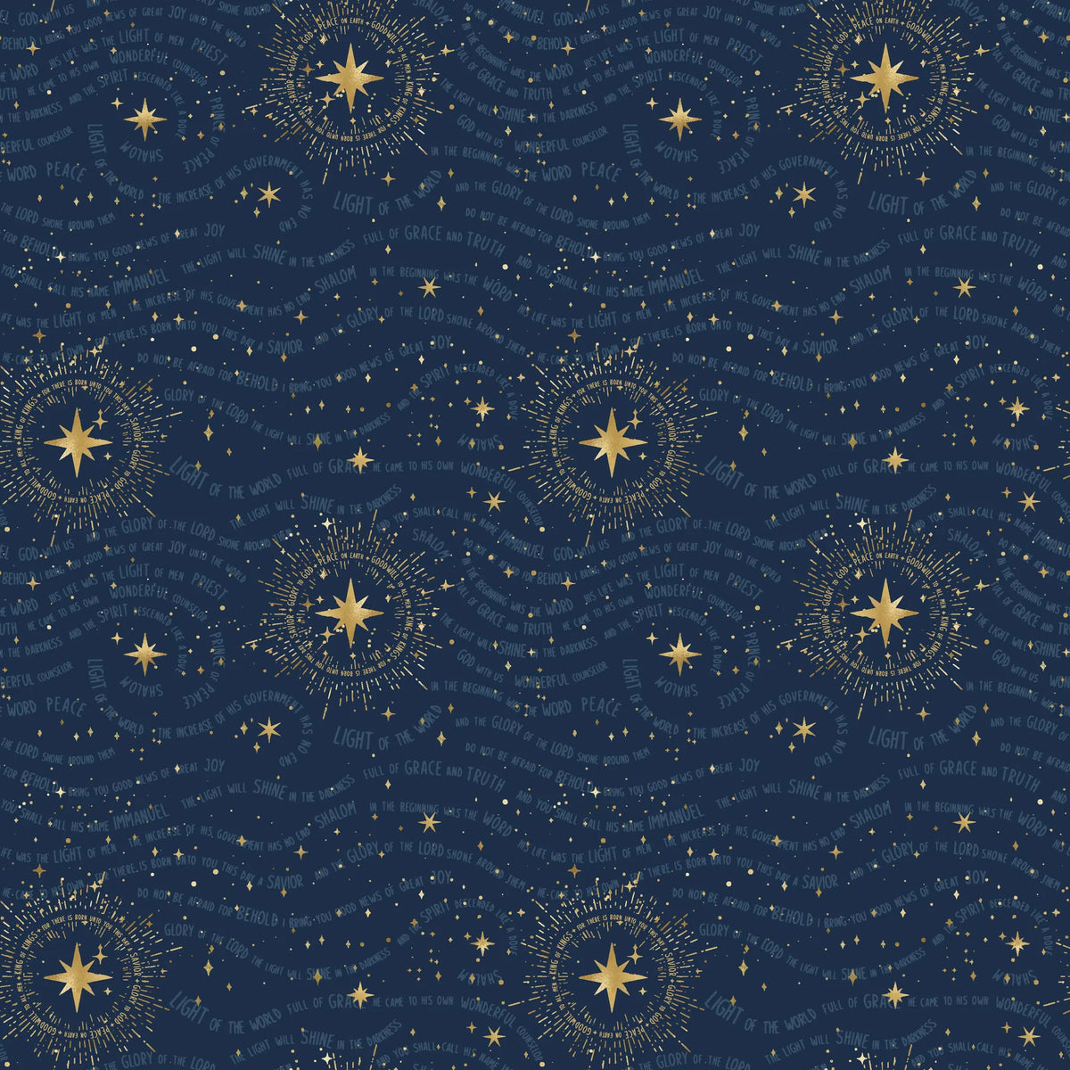 A dark blue fabric with gold stars and religious phrases in a circular pattern.