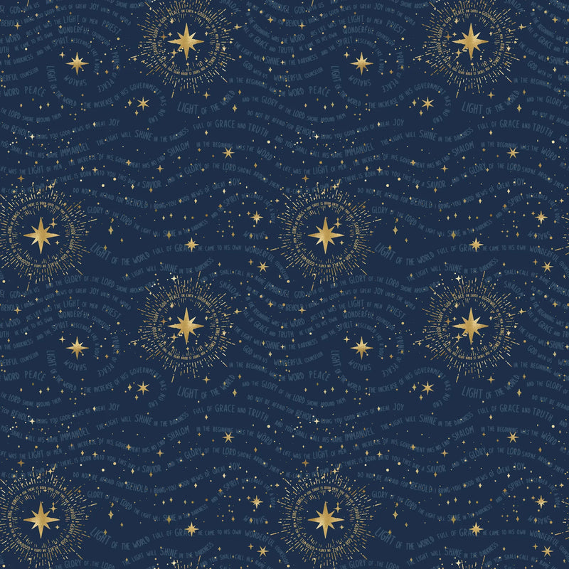 A dark blue fabric with gold stars and religious phrases in a circular pattern.