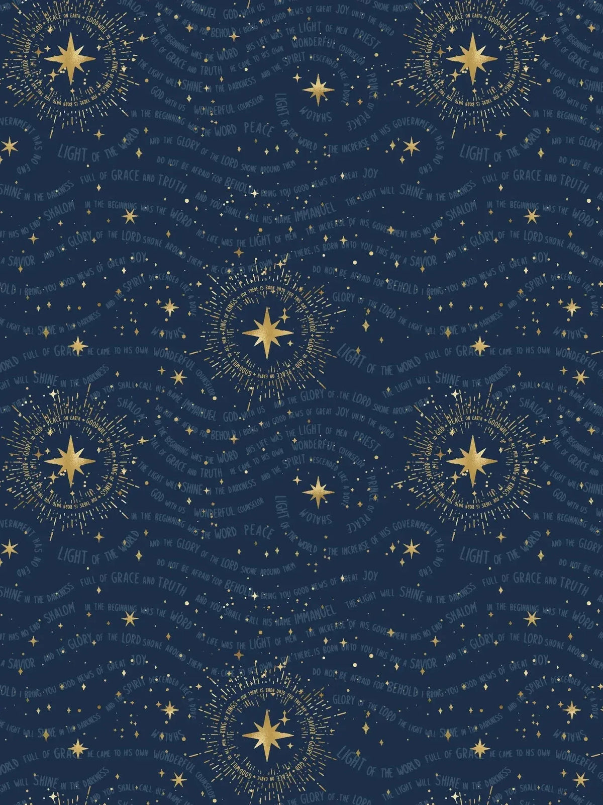 Blue fabric with wavy patterns and scattered golden stars, inspired by celestial faith themes.