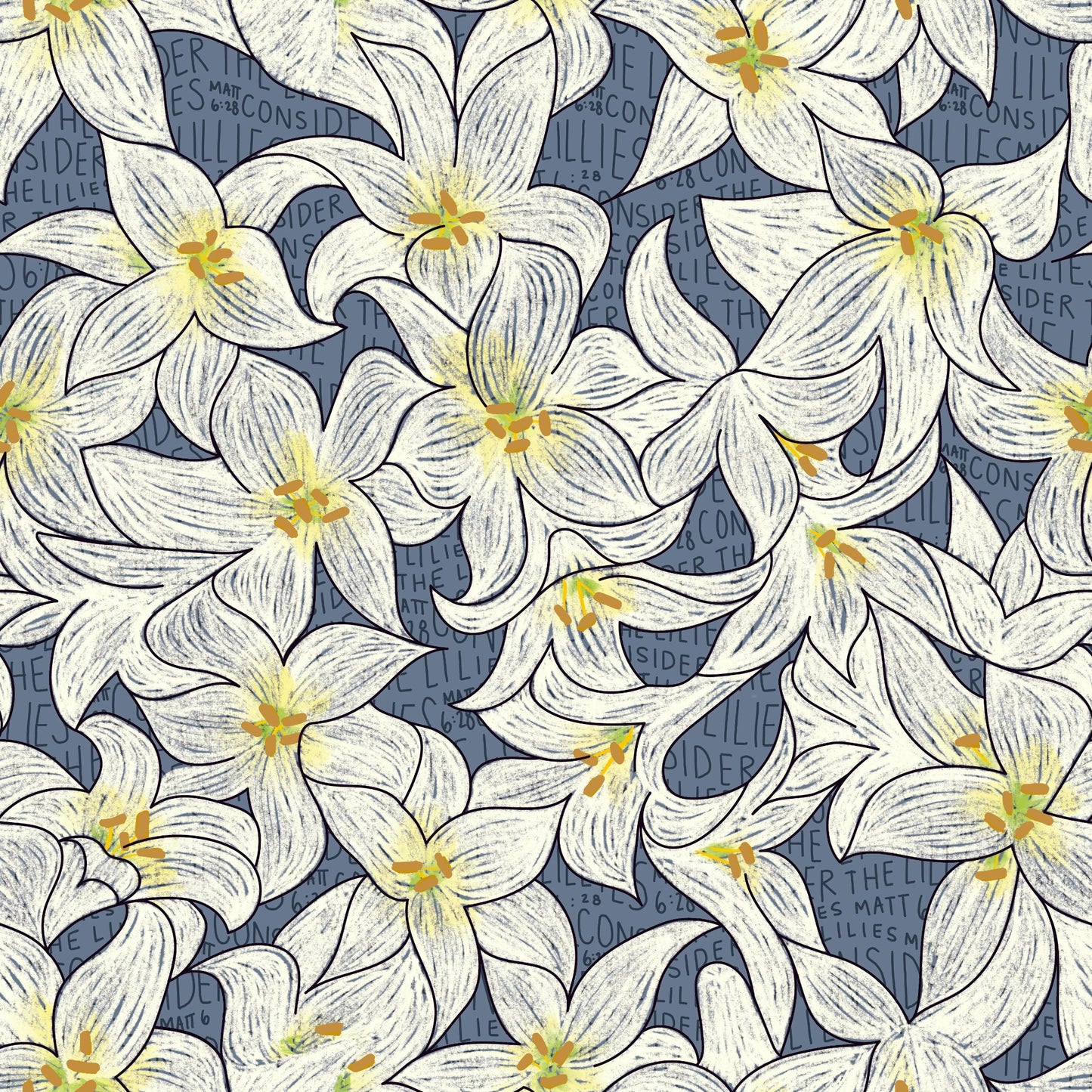 Hand drawn white lilies with yellow centers overlaying "Consider the Lilies" and "Matt 6:28" as the background.