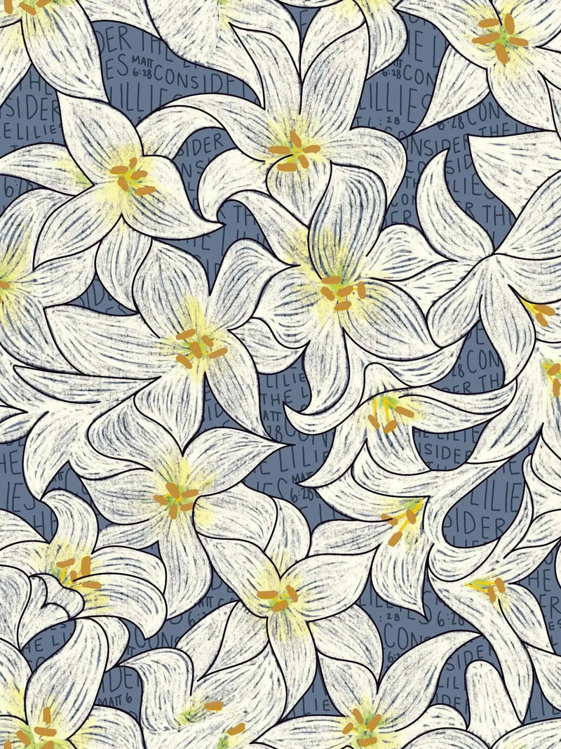 White lilies with yellow centers on a blue background with text.