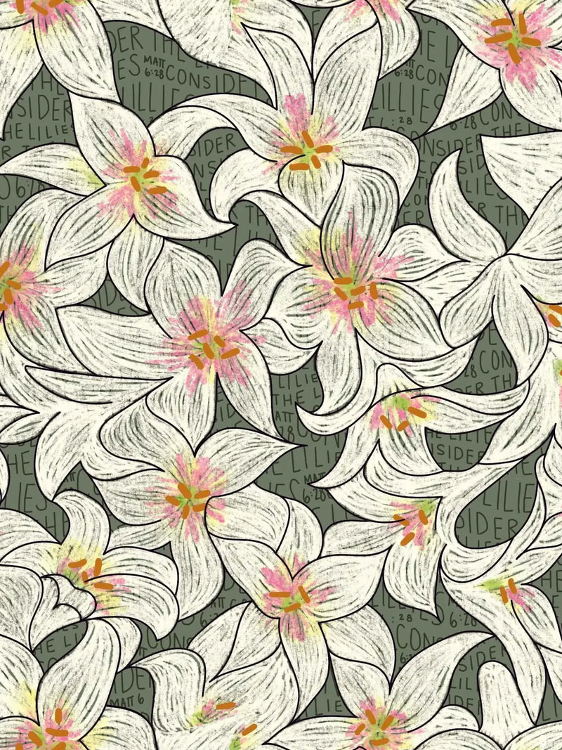 White lilies with pink and yellow centers on a green background with text.