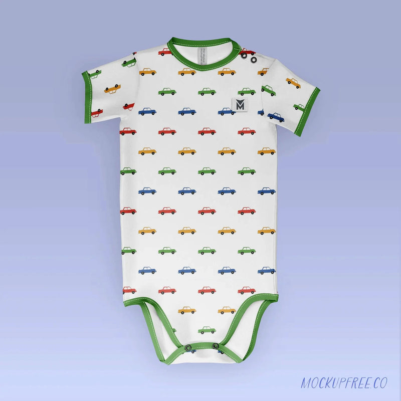 White baby onesie with a colorful car pattern and green trim.