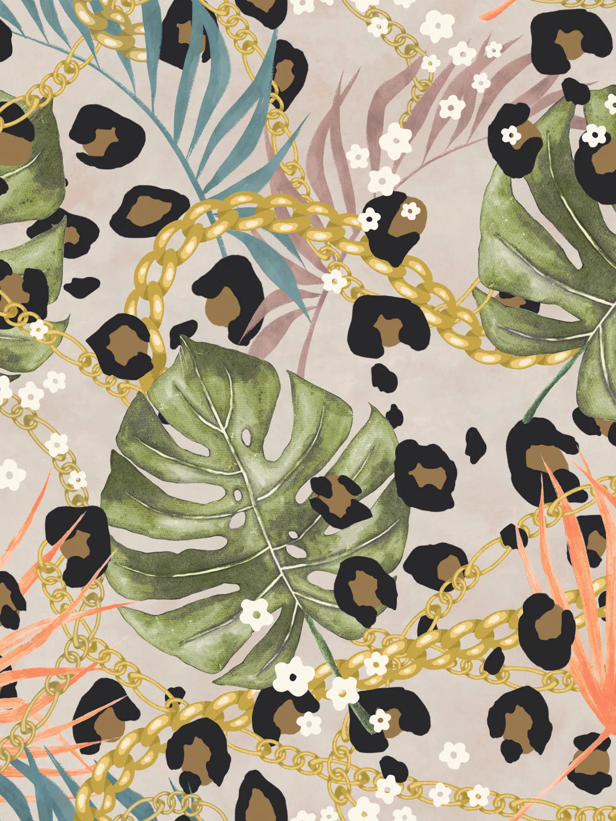 Leopard print fabric with gold chains, green leaves, and small white flowers.