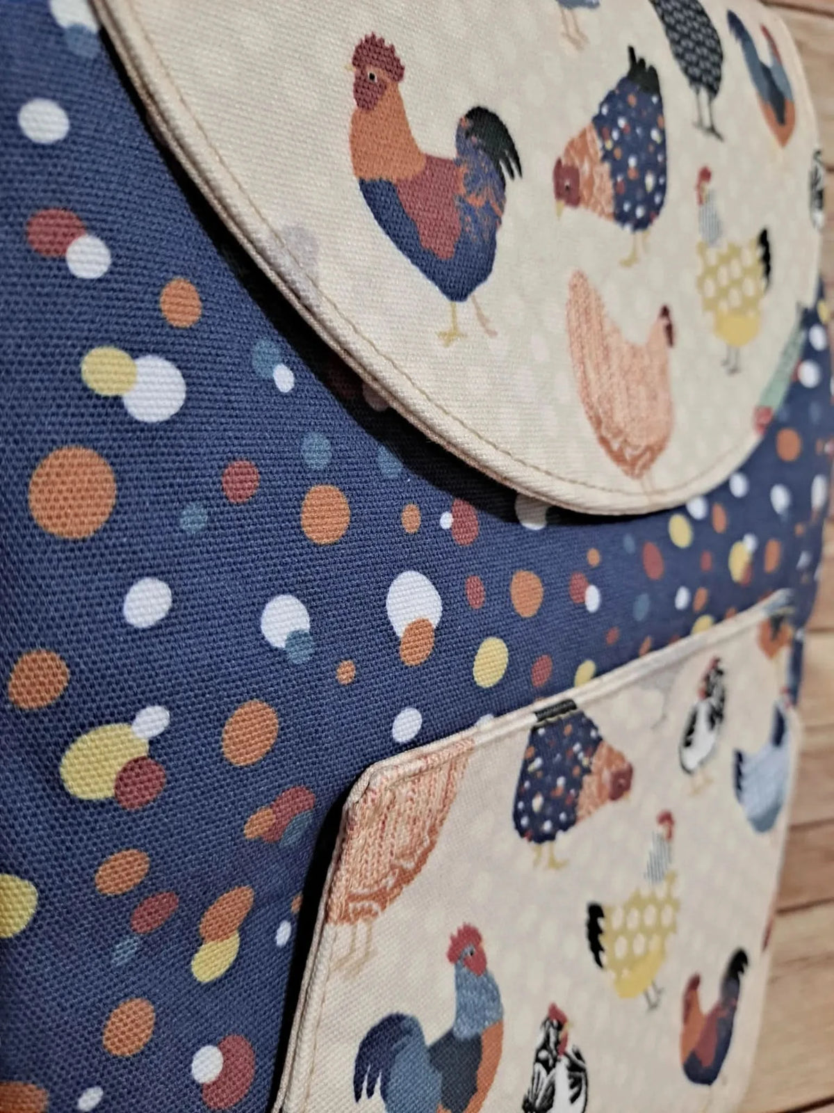 Patchwork fabric with chickens and polka dots.
