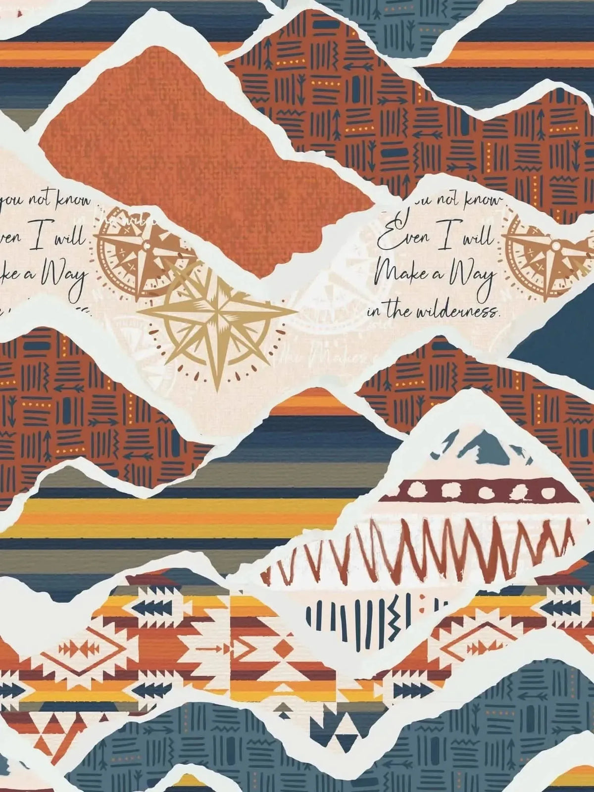 Faith-based fabric print with mountain motifs, compass rose, and "Make a Way" text in earthy tones.