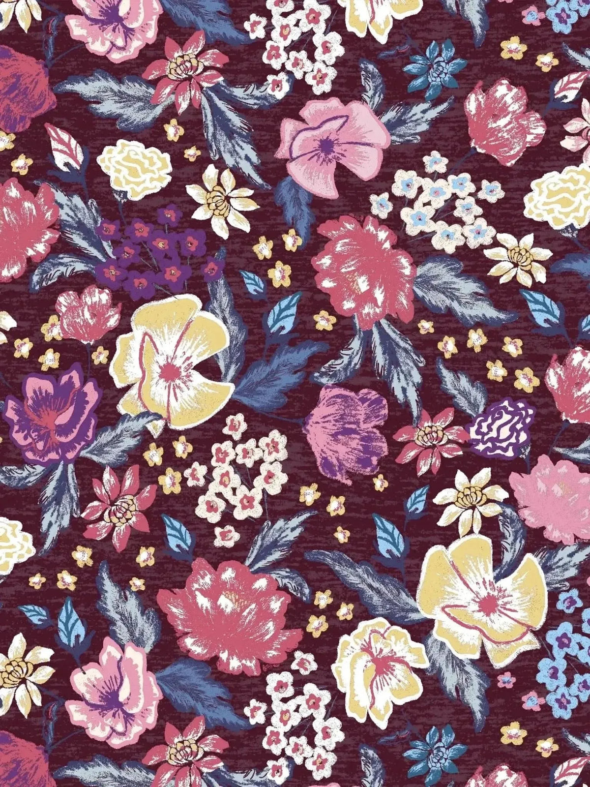 Maroon floral print fabric with botanical garden theme featuring roses and leaves.