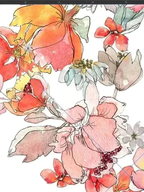 Watercolor-style floral fabric featuring orange, pink, and blue flowers on white background.