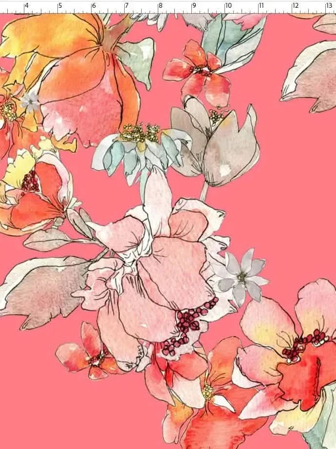 Fabric with a vibrant pink background and watercolor floral designs in various shades.