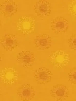 Orange fabric with a repeating pattern of light and dark yellow sunflowers.