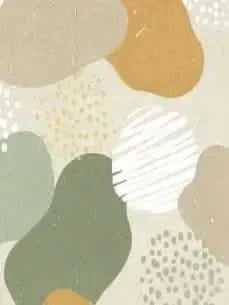 Fabric with abstract shapes in green, brown, and yellow with white dots and stripes.