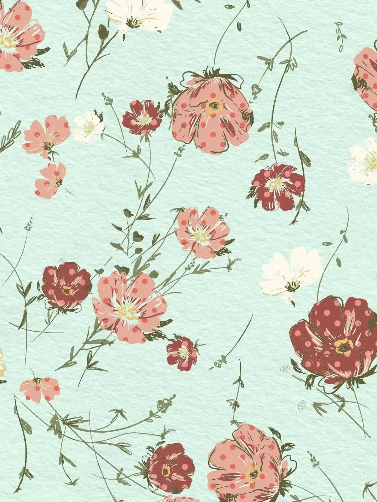 A light blue fabric with a pattern of various pink, red, white, and yellow polka-dotted flowers.