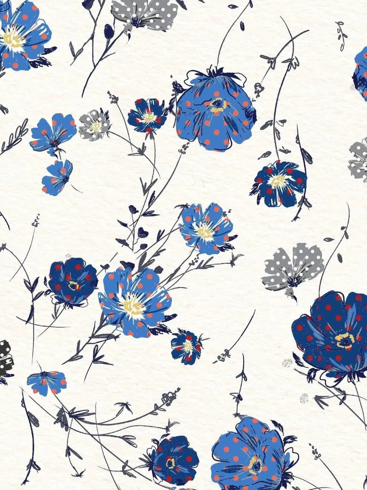 A fabric with a pattern of blue and gray polka-dotted flowers on a light background.