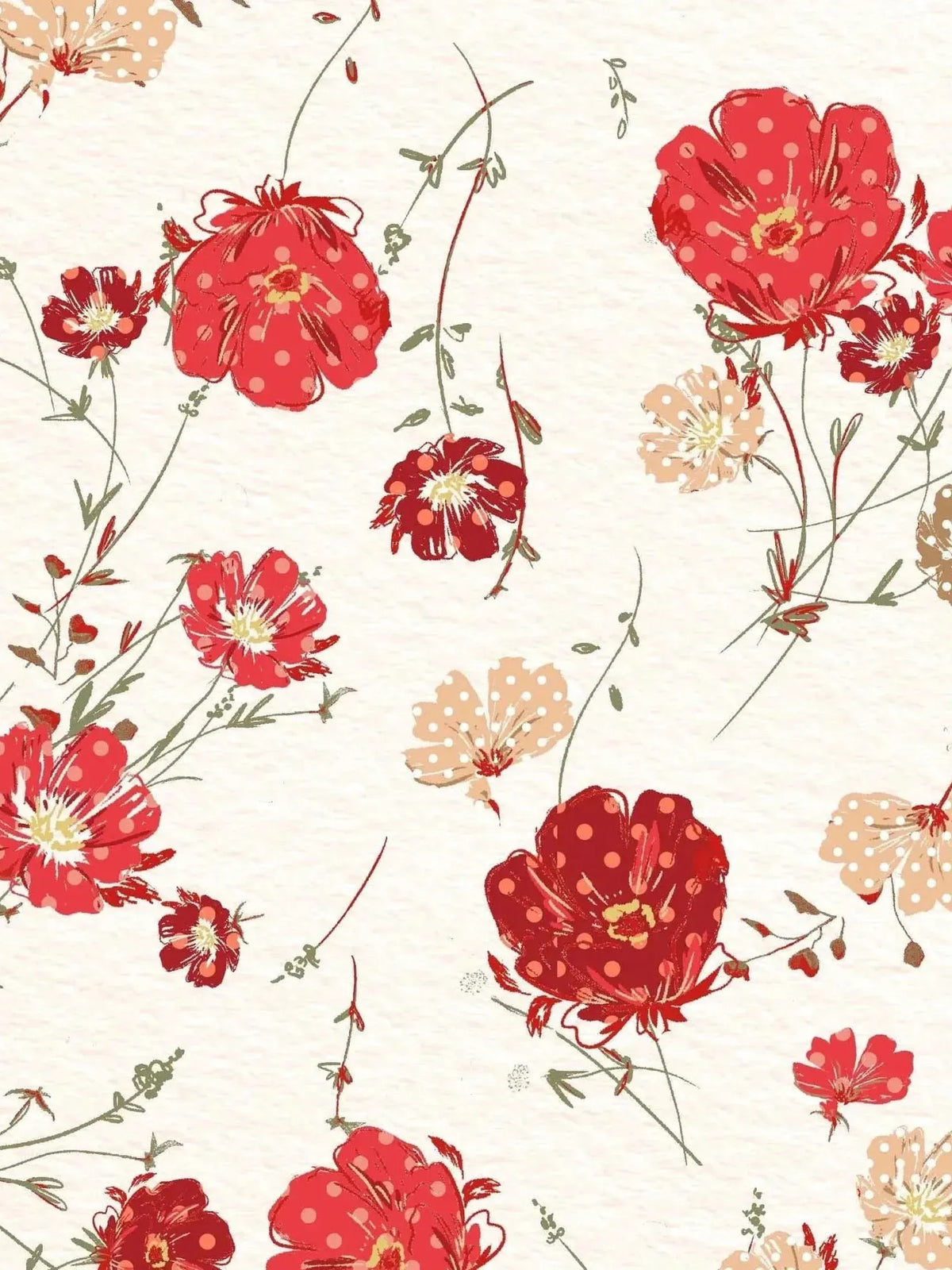 A fabric with a pattern of red and beige polka-dotted flowers on a light background.