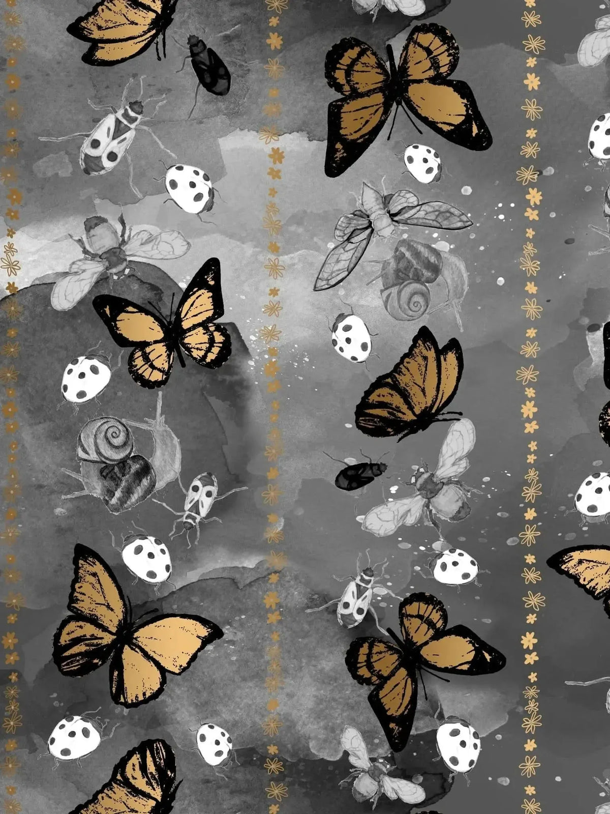 A fabric with a pattern of gold monarch butterflies and various insects on a gray background.