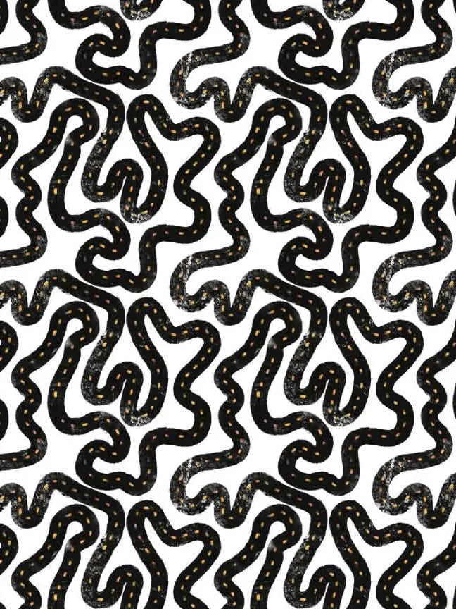 A white fabric with a repeating pattern of winding black roads with yellow dashed lines.