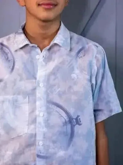 Blue celestial clock fabric with faith-based print on a light gray background.