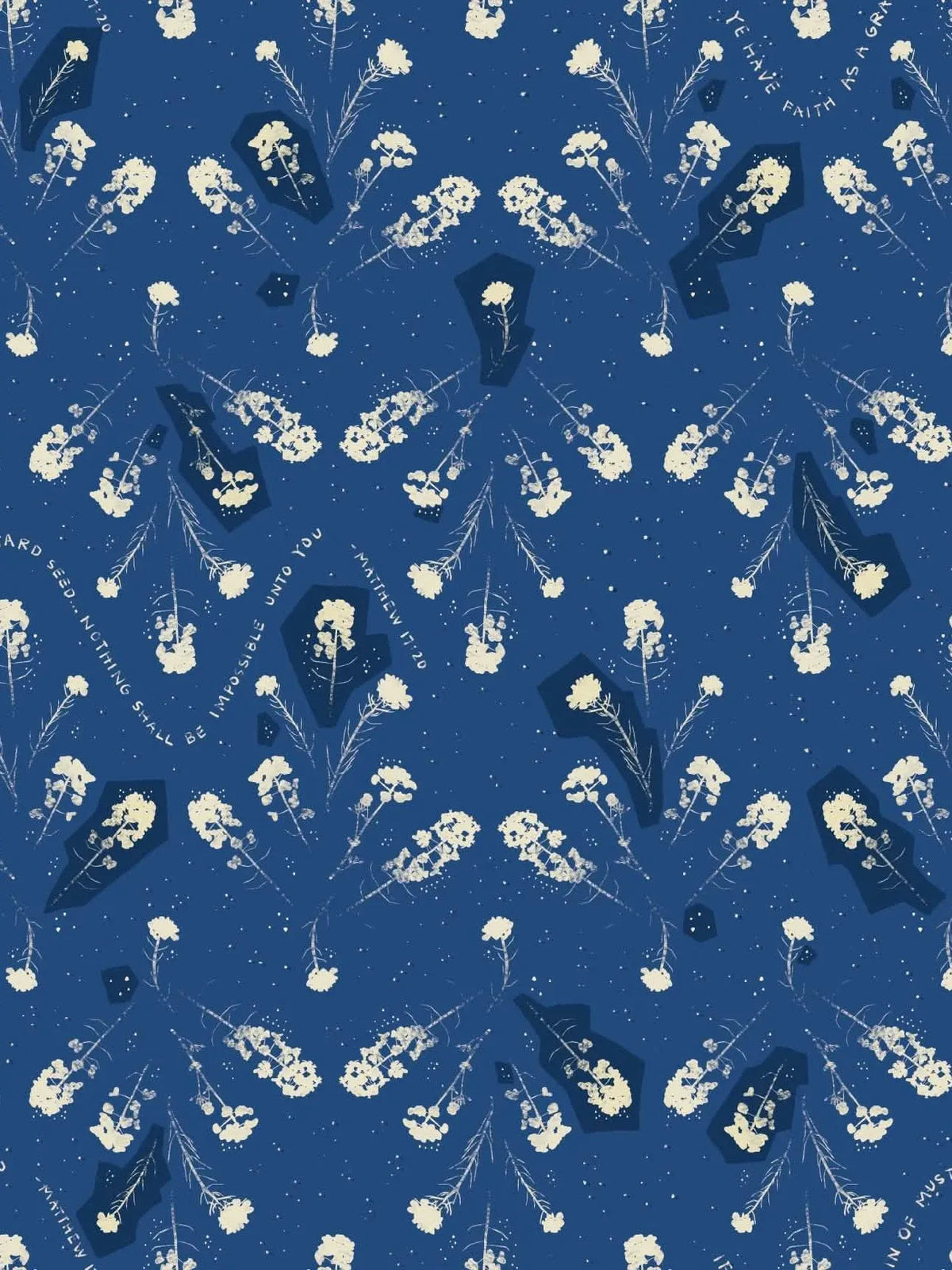 Blue fabric with white mustard seed plants and a Bible verse.