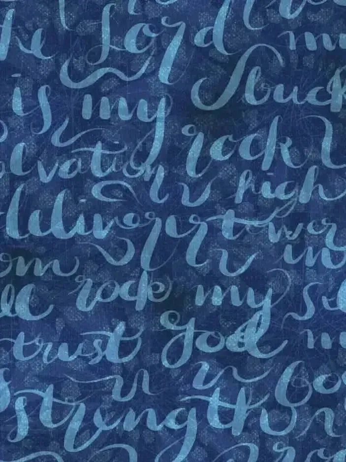 Blue fabric with ocean-inspired script of Psalm 18:2, "The Lord is my rock.