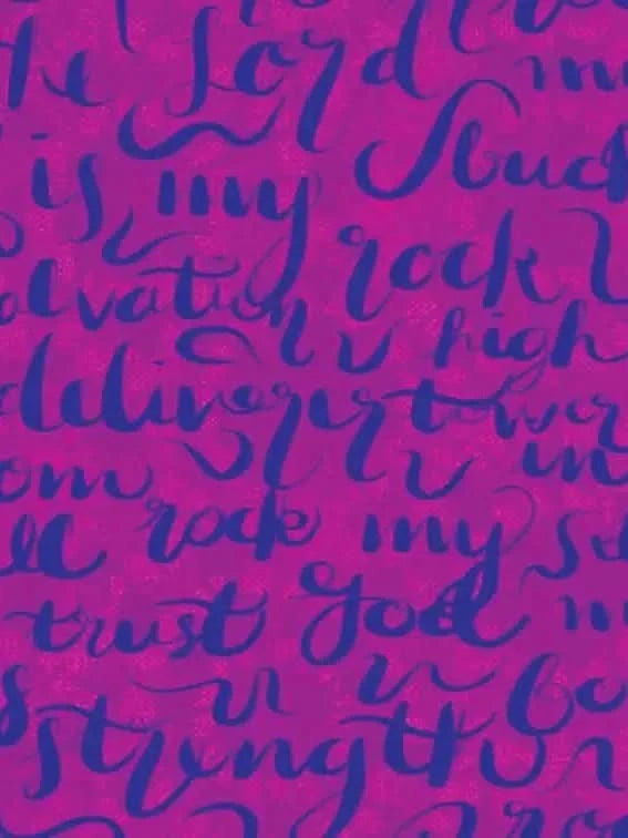 Fabric with blue script text on a magenta background.