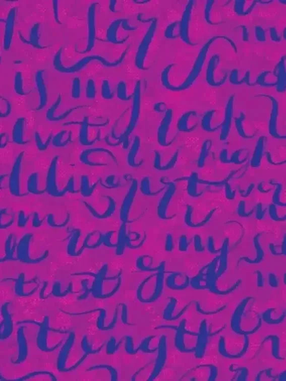 Purple sunset fabric print with Psalm 18:2 verse "The Lord is my rock" in cursive script.