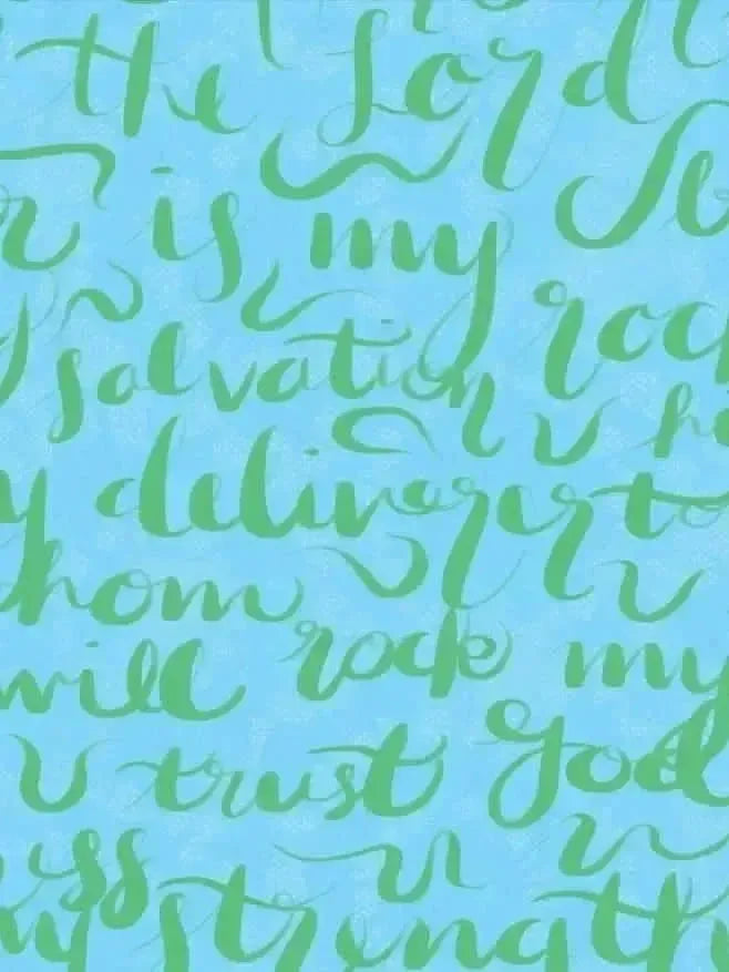 Modal jersey fabric with green cursive Bible verse on blue background.