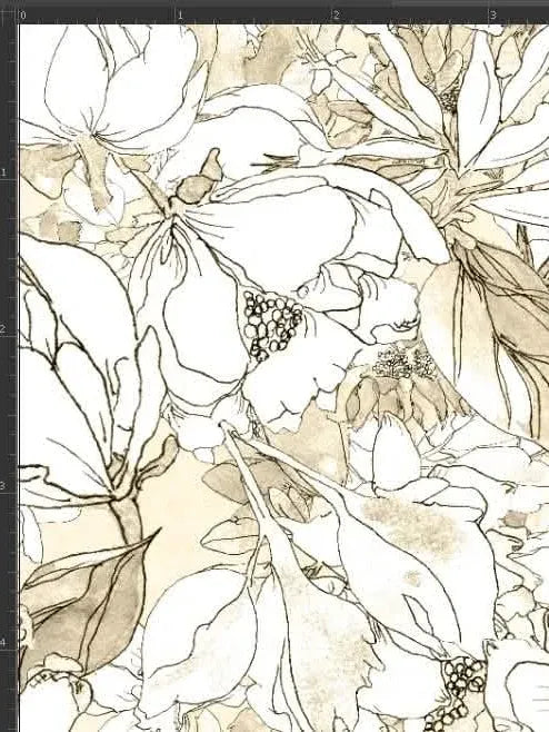 A close-up of a fabric with a nature sketch pattern of flowers and leaves.