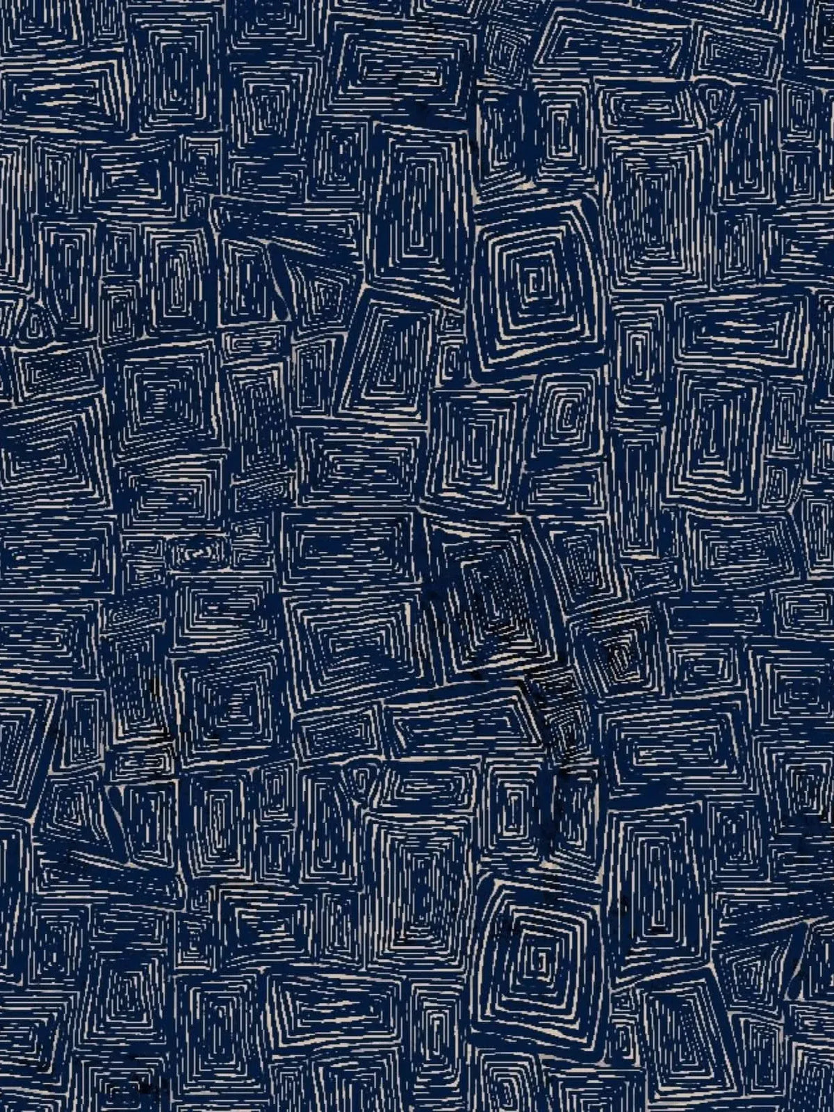 Blue fabric with a pattern of white, hand-drawn, concentric squares.