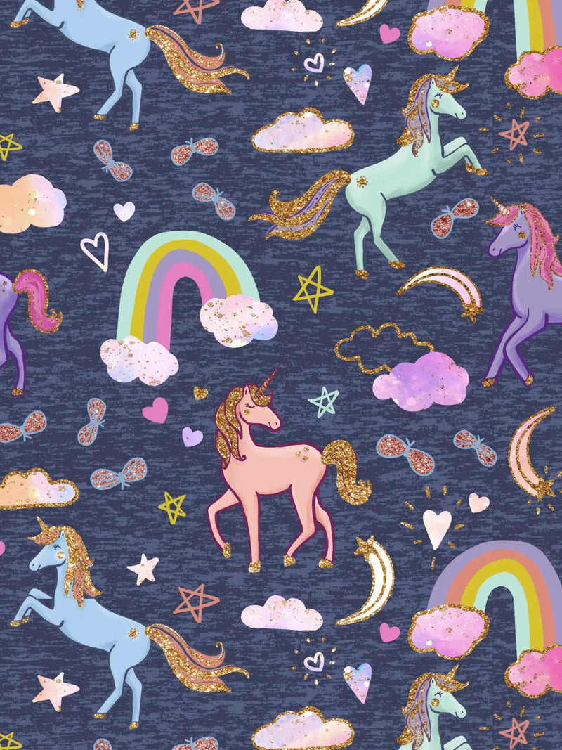 A navy fabric with colorful unicorns, rainbows, clouds, and stars.