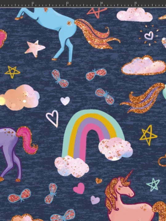 Navy fabric with unicorns, rainbows, clouds, stars, hearts, and butterflies.