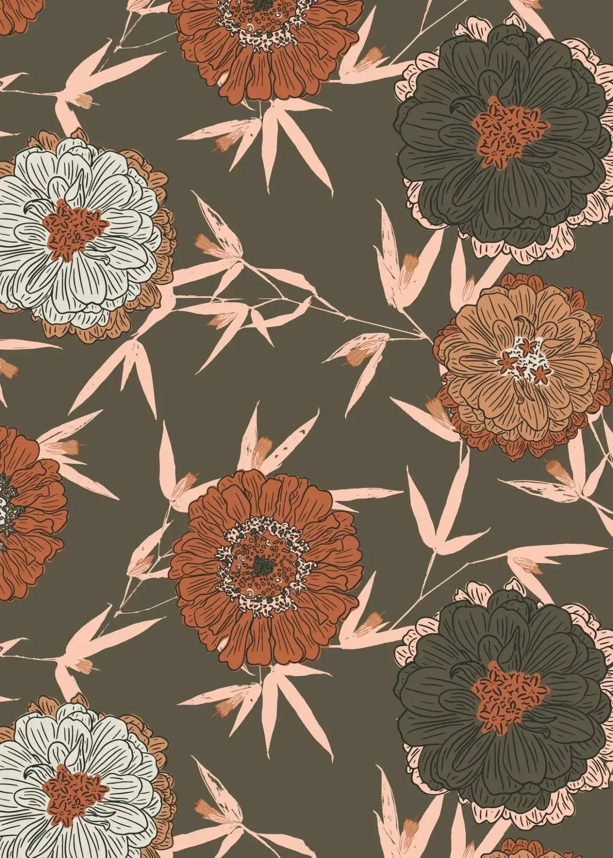 Night Bloom floral print fabric with muted green background, orange and white flowers, and bamboo leaves.