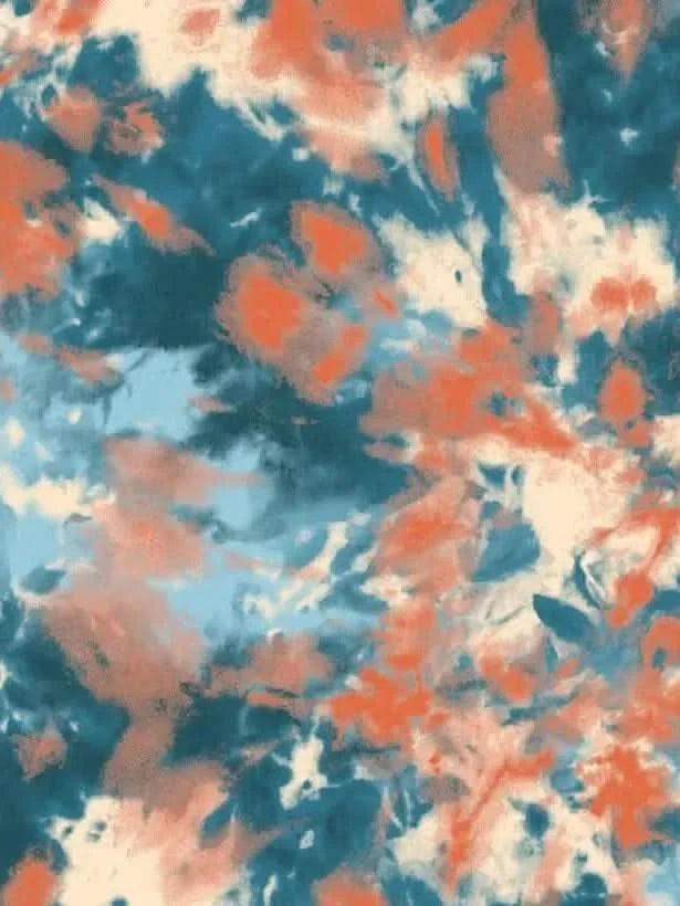 Tie-dye fabric with a swirling pattern of teal, orange, and cream colors.