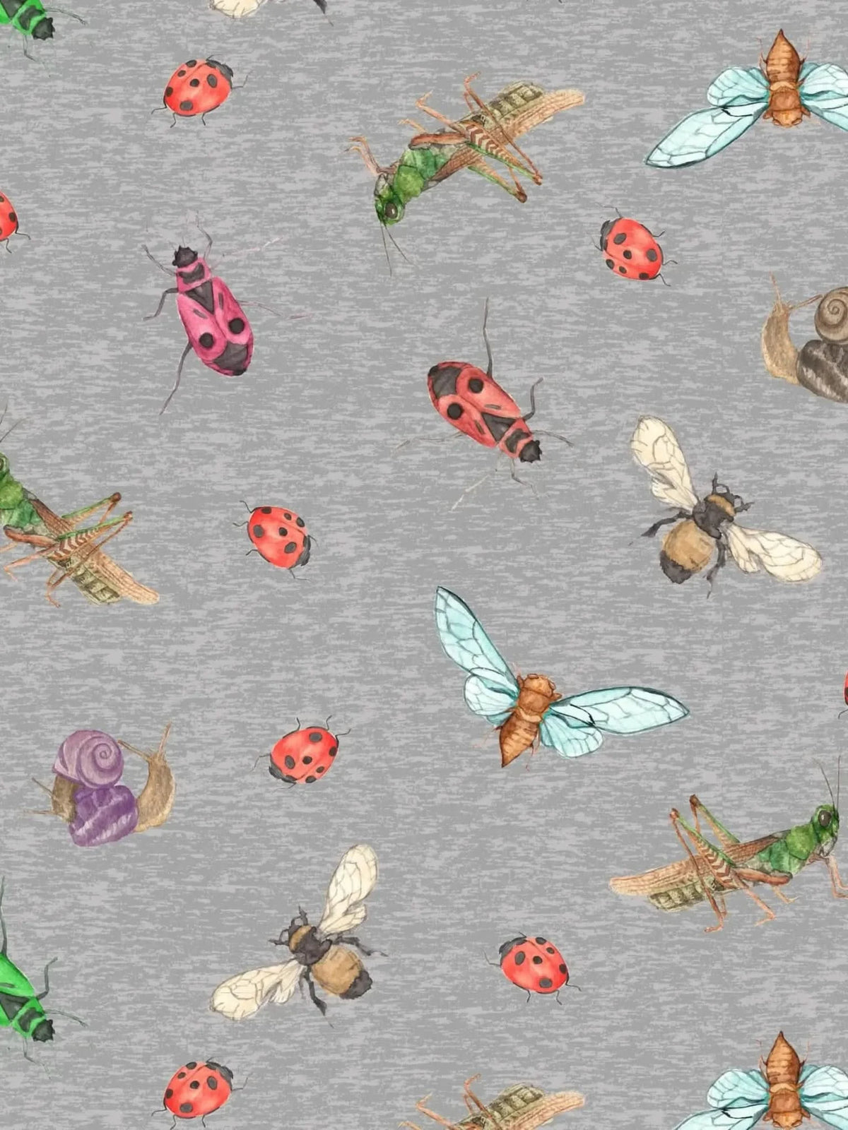 A gray fabric with a repeating pattern of various insects.