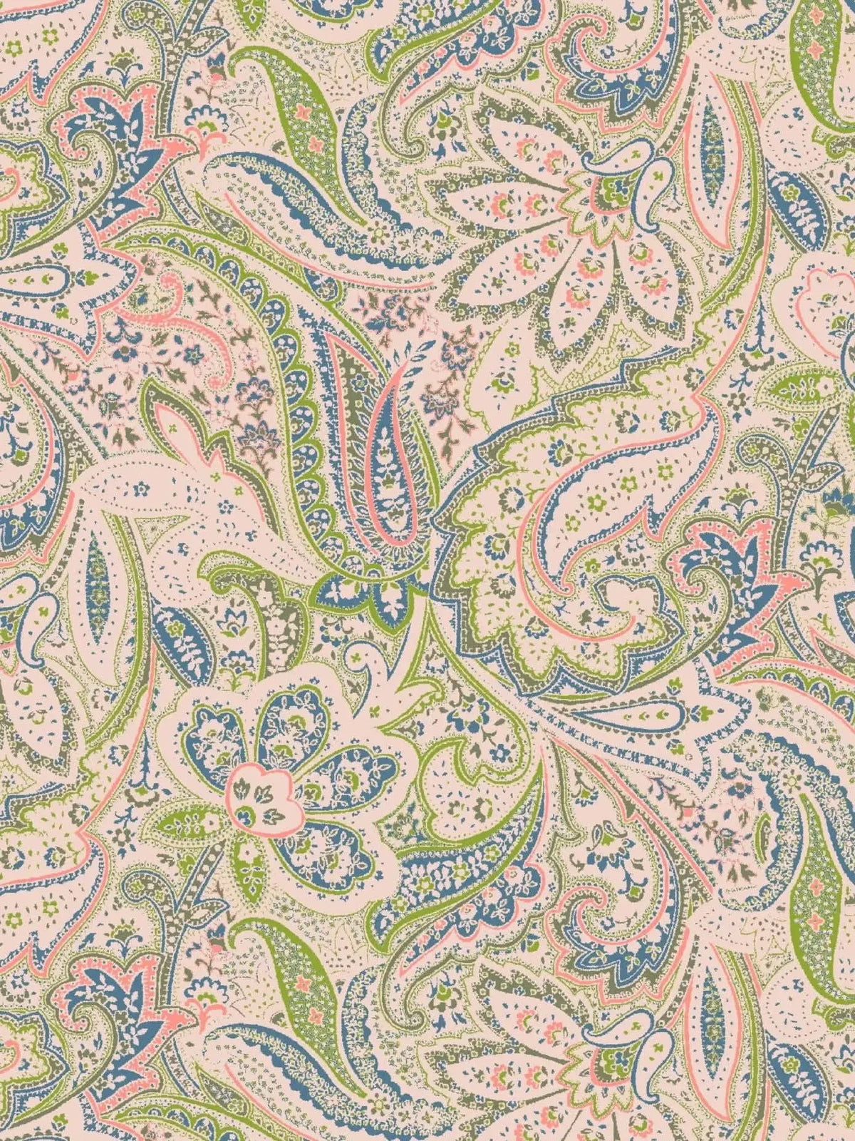 A fabric with a paisley pattern in shades of green, blue, and pink on a light background.