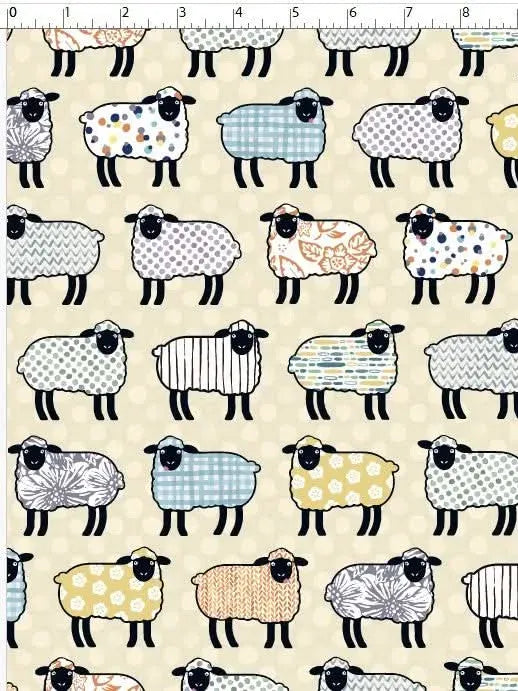 A fabric print with rows of sheep in various patterns on a light background.